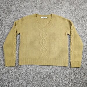 Kokun Sweater V-Neck Cable Knit Size XS Mustard Yellow Cashmere Silk Blend $330